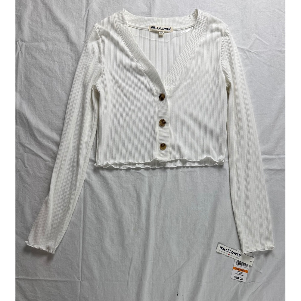WALLFLOWER White Ribbed Cropped Cardigan Button Front Lettuce Hem Size S